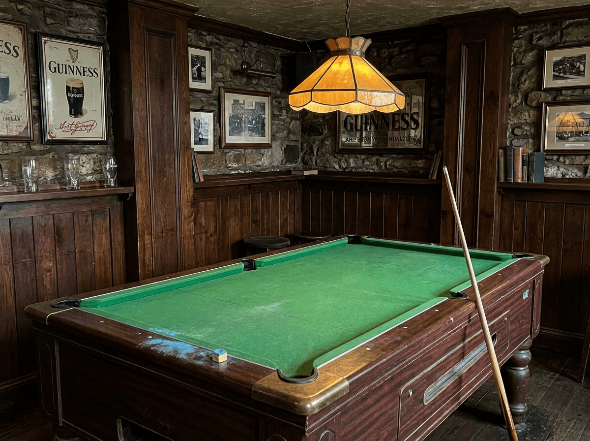 Pool table in the pub corner — warm amber light, stone walls