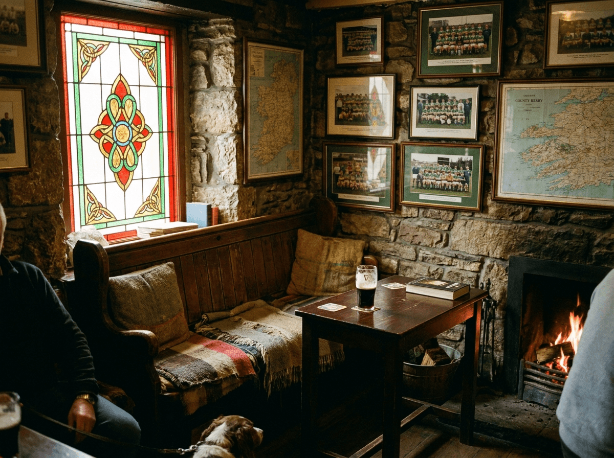 Cozy corner snug — stained glass, Guinness, wooden bench