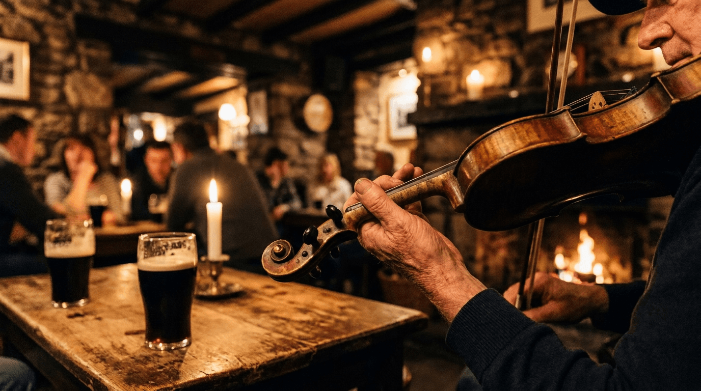 Traditional trad music session — fiddle, warm fire light