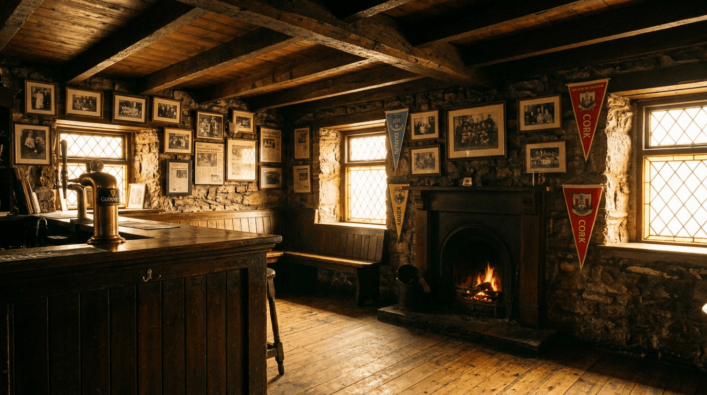 The Ring Lyne bar interior — warm amber light, low beams, Guinness tap on the bar